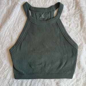 Aerie Ribbed High-Neck Crop Tank Top - Olive Green
